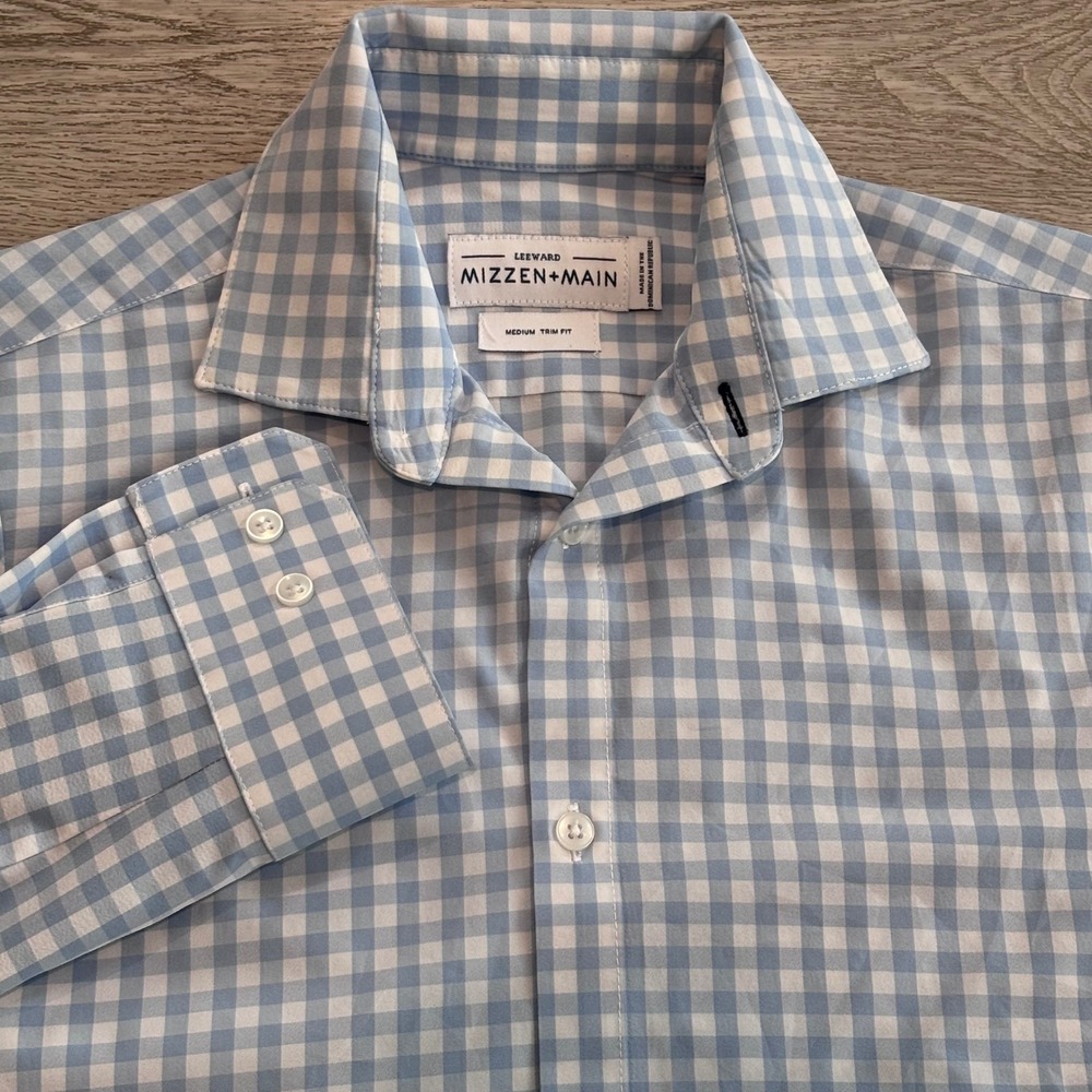 Mizzen+Main Leeward Dress Shirt Mens Medium Blue Gingham Trim Fit Preppy Casual